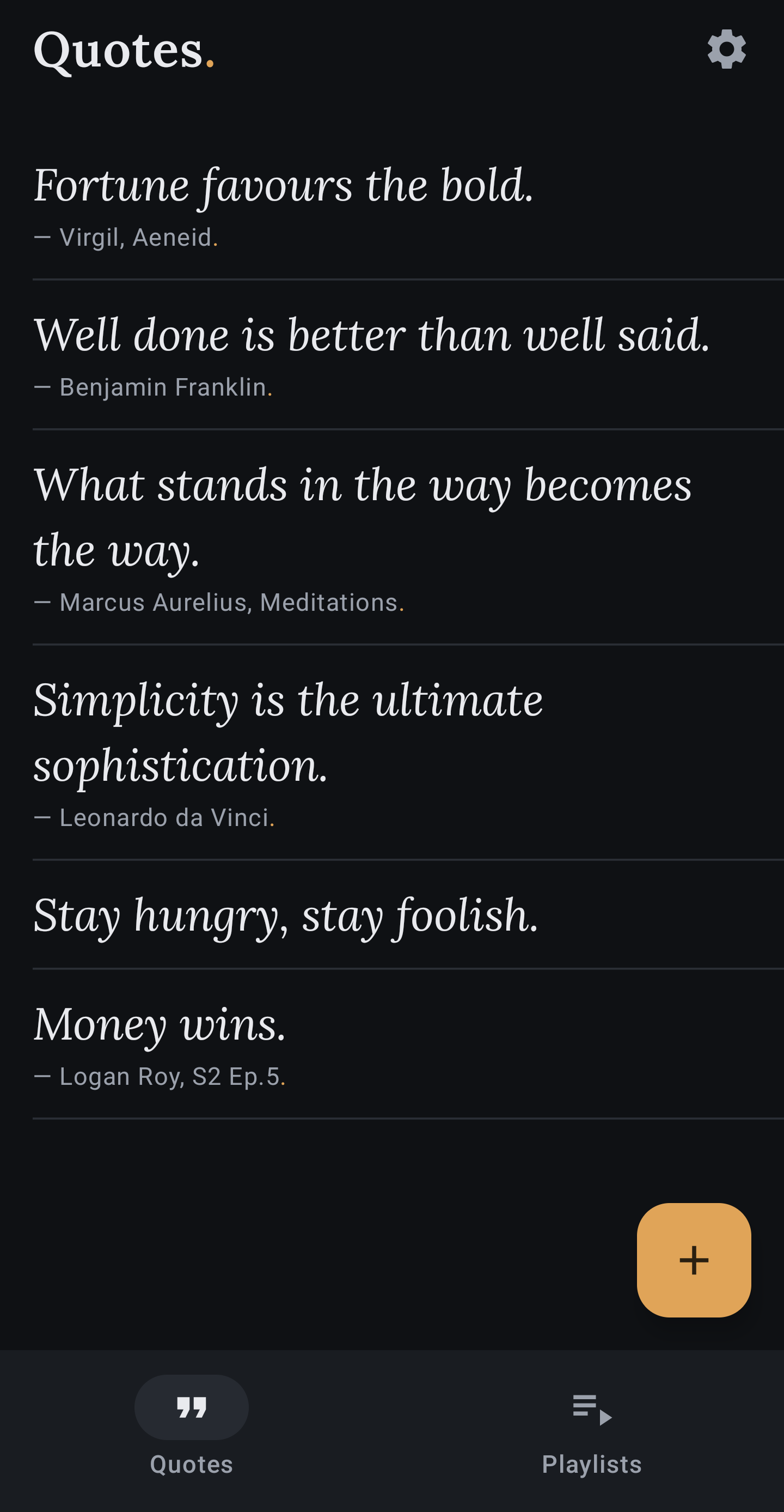 The app's quote list in dark mode, lines separated by hairlines.