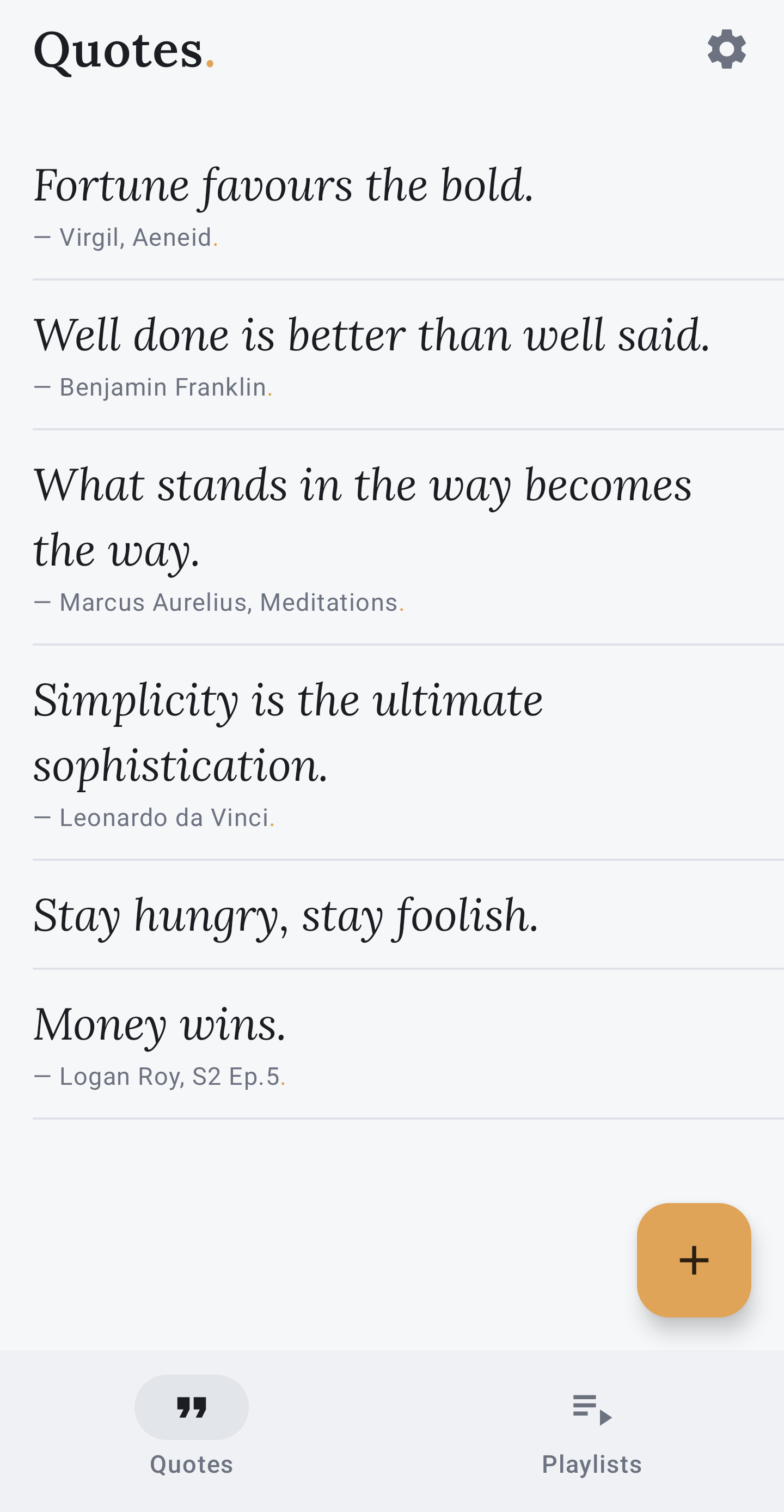 The app's quote list in light mode with playlist tabs across the top.